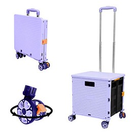 Foldable Utility Cart Folding Portable Rolling Crate Handcart with Durable Heavy Duty Plastic Telescoping Handle Collapsible 4 Rotate Wheels for Travel Shopping Moving Luggage Office Use(Purple)