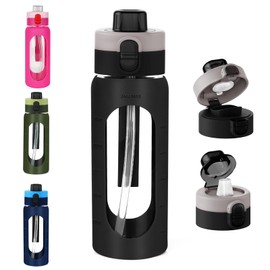 ANOTION 24OZ Glass Water Bottle, Large Sports Water Bottle with Dual-Drink Lid Clear Leakproof Glass Bottles with Straw, Motivational Jug with Silicone Sleeve and Time Marker for Travel Gym-Black