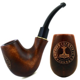 Generic 5.1'(13cm) Pear wood tobacco smoking pipe with engraving Mjolnir - Thor's Hammer for 9mm filter, velvet pouch gift