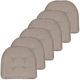 Lightweight U Shaped Supportive Memory Foam Fill Indoor Outdoor Patio Chair Cushions Set of 6 | Pretty Checkered Pattern Brown Tan Color Nonslip Texture Soft Comfy All Weather 16" X 17"