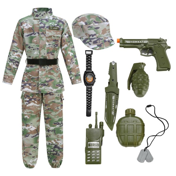 HAPNBCELE Army Costume for Boys, Soldier Camouflage Uniform for Kids
