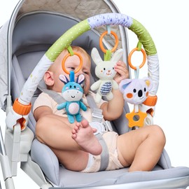 TUMAMA Play Arch Pram Toy Baby from 0 3 6 9 Months, Clip On Bow Baby Seat Baby Toy for Car, Plush Animal Hanging Toy with Rattles Teething Ring for Car Seat Mobile Cot