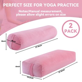 ROYALAY 2 Pcs Yoga Bolster Pillow for Restorative Yoga, Rectangular and Cylinder Meditation Pillow set with Carrying Handles, Supportive Cushion for Exercise Workout Stretching Meditation,Pink