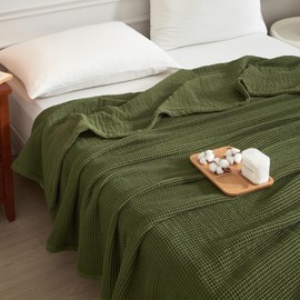 PHF Reversible Waffle & Muslin Blanket 100% Cotton 400GSM Queen Size 90" x 90", Breathable Lightweight and Soft, Luxury Aesthetic Waffle Gauze Blanket for Home Decor, Ideal Gift, Olive Green