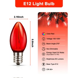 C7 RED Replacement Light Bulbs, Shatterproof LED Light Bulb for Outdoor Indoor Decoration String Lights, E12 Candelabra Base, 0.6Watt Equivalent to 7Watt Incandescent Bulb, Non-Dimmable, Pack of 6