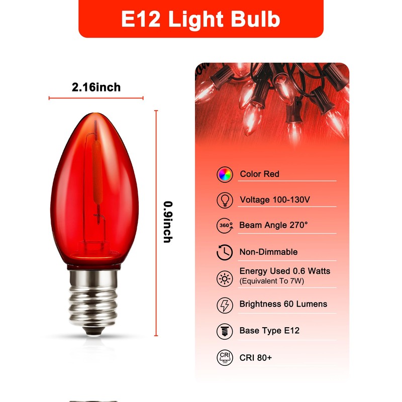 C7 RED Replacement Light Bulbs, Shatterproof LED Light Bulb for