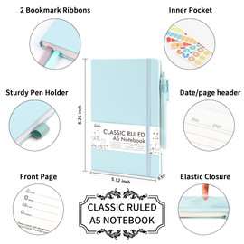 feela 5 Pack Notebooks Journals Bulk, Hardcover Notebook Classic Ruled Lined Journals with Pen Holder for Women Girls School Business Supplies, with 5 Black Pens, 120 GSM, 5.1”x8.3”, A5,Sky Blue