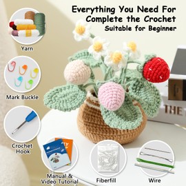 Ktmeor Crochet Kit for Beginners,Flower Crochet Kit for Beginners Adults and Kids with Step-by-Step Video Tutorials,DIY Knitting Supplies,40% Extra Practice Yarn-Strawberry