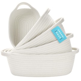 OrganiHaus Set of 5 White Rectangle Storage Baskets for Organizing, Small Woven Bathroom Storage Baskets, Nursery Storage Basket for Organization, Small Organization Baskets, Small Rope Basket