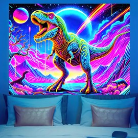 BlissYard Blacklight Dinosaur Tapestry UV Reactive Neon T-Rex Dinosaur Wall Tapestry Dinosaur Jungle Forest Fantasy Landscape Wall Hanging for Men Boys Bedroom Home Decor Party Backdrop 59 X 78 inch