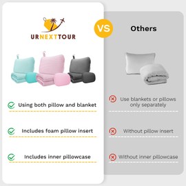 urnexttour Travel Pillow Blanket Set-3 in 1 Travel Pillow Memory Foam, Soft Travel Blanket Airplane Compact with Bag, Inner Pillowcase, Hand Luggage Belts and Backpack Clip, for Plane Car, Blue Green