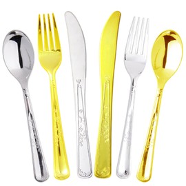 180 pieces gold and silver plastic disposable cutlery set, including 30 pieces each of gold polished knives, forks and spoons and 30 pieces each of silver polished knives, forks and spoons