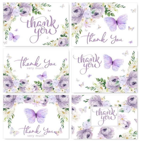 AnyDesign Butterfly Floral Thank You Cards 36 Pack Purple Note Cards with Matching Seal Stickers White Envelopes Watercolor Greeting Blank Cards for Baby Shower Wedding Birthday Party, 4 x 6 Inch