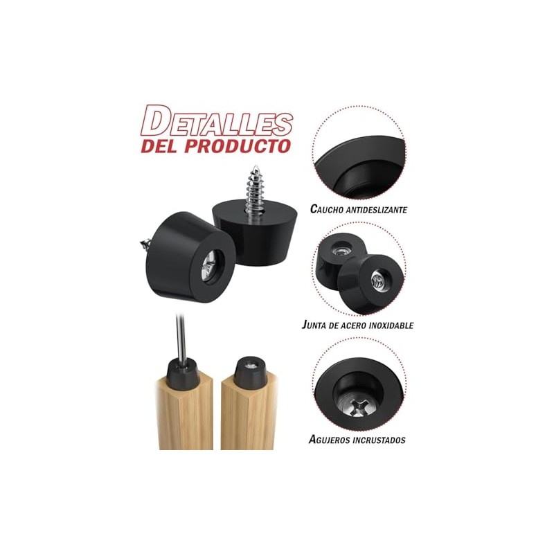 50 Niveladores para Muebles, Almohadillas de Goma Negras con Tornillos
