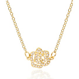 Pave Rose Flower Necklace for Women 14K Gold Plated Cubic Zirconia Floating Rose Shaped Pendant Necklaces Simple Cute Jewelry Gifts [RSN-2H-G]