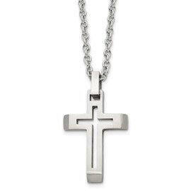 Auriga Fine Jewelry Stainless Steel Brushed and Polished Cut-out Cross Cable Chain Pendant Necklace for Men 20"", White, AFJ-QG-SRN1468-20-PK