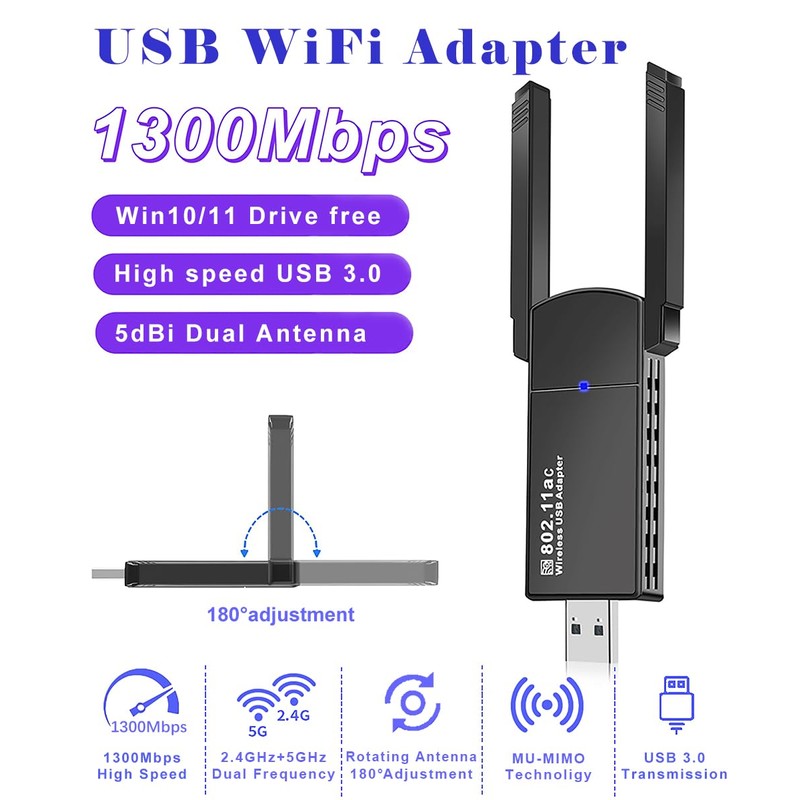 USB WiFi Adapter,1300Mbps Wireless Network Adapter,Dual Band 5GHz/2GHz,802.11AC,Two 5dBi High-Gain