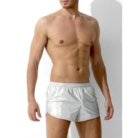 Casey Kevin Men's Metallic Shiny Boxer Shorts with Pockets Sparkly Sexy Hot Short Pants-Silver,Medium