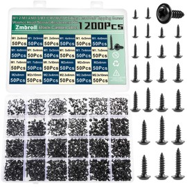 Zmbroll 1200Pcs Black Phillips Truss Head Self-Tapping Screws M1.2/1.4/1.5/1.7/2/2.3 Wafer Head Wood Screws Pan Head with Washer Tapper Fastener Tiny Screw Micro Screws for Electronic Repair