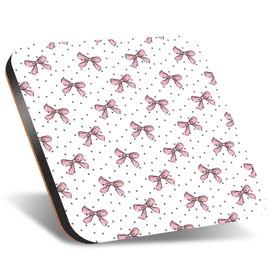 1 x Square Jumbo Size Coaster 12cm Cute Pink Bows Pattern Kids Party Cork Backed MDF Glossy Tea Coffee Accessory #52772