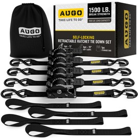 AUGO Self-Locking Retractable Ratchet Straps | 2 Heavy Duty Self-Tensioning Retractable Tie Down Straps with Soft Loops & Storage Bag | for Motorcycle, Truck, Cargo | 1500Lb Break Strength 1” x 12’