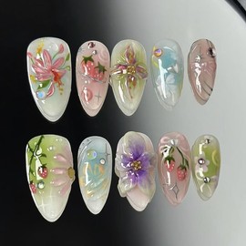 30Pcs Flower Press on Nails Medium Almond Fake Nails with Rhinestones Designs 3D Colorful Flower Strawberry False Nails Glossy Full Cover Glue on Nails Cute False Nails for Women Girls DIY Nail Art