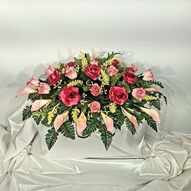 Cemetery Saddle for Headstone - Realistic Silk Faux Floral Artificial Grave Flowers - Beauty Pink Roses and Calla Lilies for Headstone Flower Saddle
