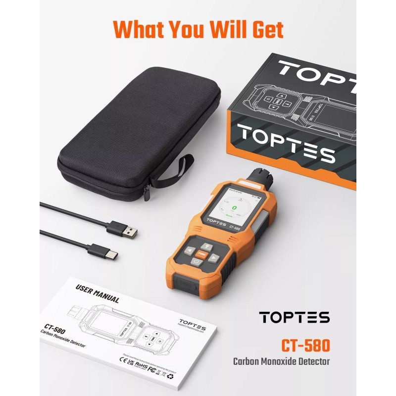 TOPTES CT-580 Portable CO Detector | Rechargeable with Alarm, TFT