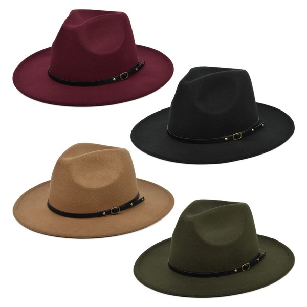 Women Classic Wide Brim Fedora Hat, 4 Pack Retro Panama Hat Wool Fedora Hat with Belt Buckle (Black+Army Green+Camel+Wine Red)