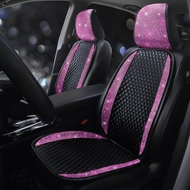 Pirador Luxury PU Leather Car Seat Cover Protector Bling Rhinestones Diamond Front Auto Seat Protector Pad for Girls Women or Ladies Auto Sparkling Crystal Universal Interior Accessories Pink 2Seats