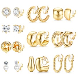 MILACOLATO 10 Pairs Clip On Earrings for Women Non Pierced Ears CZ Pearl Knot Twist Chunky Hoop and Studs Earring Set Ear Clips Jewelry Gold Tone