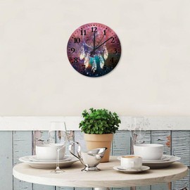 Wood Hanging Wall Clock Non-Ticking Sweep Movement Boho Moon Dream Catcher Feather Custom Wall Clocks Galaxy Outerspace Nebula Prints Wooden Wall Decor for Washroom Home Gym 10 Inch
