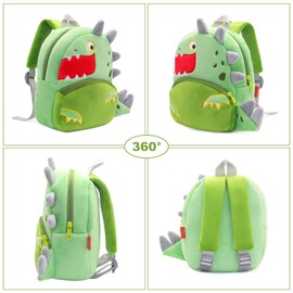Risipu Toddler Backpack | Cute Cartoon Plush Animal | baby girl gift bag 2-4 Years | Soft Lightweight Mini School Bag | Preschool Gift for Boys Girls (Green - Dinosaur)