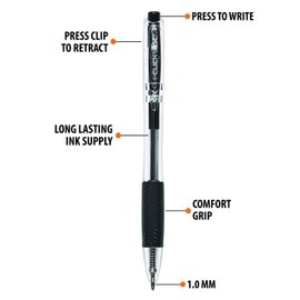 Inc, Clip Clicks 75 Count Retractable Black Ballpoint Pens Medium Point 1.0 mm with Comfort Grip for Smooth Writing, Long Lasting Ink for for Everyday Use in School, Office, College, University…