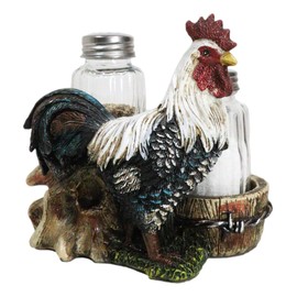 Ebros Gift Rustic Country Barnyard White Breasted Rooster Chicken By Barbed Wire Barrel Glass Salt And Pepper Shakers Holder Figurine Western Kitchen Countertop Bar Accent