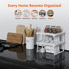 ums Plastic Kitchen Cabinet Shelf Organizer- White Plastic Stackable Freezer Rack, Usable Storage Rack for Your Spice, Refrigerator, Pantry (12 X 11 inch) Kitchen Cabinet Shelf Organizer Pack Of 2