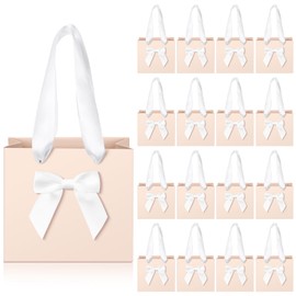 Kolldenn 50 Pcs No DIY Small Gift Bags with Bow Ribbon 4 x 2.7 x 4.5 Inches Mini Thank You Bags with Handle Paper Party Favor Gift Bags Bulk for Wedding Baby Shower Birthday Guests(Nude and White)