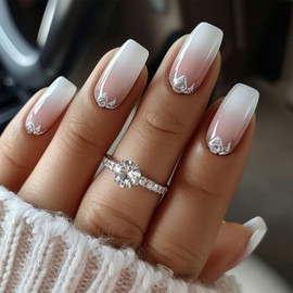 Fake Nails Square Medium Press on Nails Designs French Tip Glossy False Nails with Rhinestone Glue on Acrylic Nail for Women and Girls