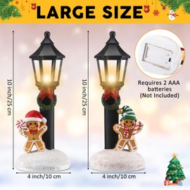 GlikCeil 2 Pcs Christmas Table Decor, 10" Resin Gingerbread Man Centerpieces with Light up Streetlights, Battery Operated Christmas Mini Street Light Models for Xmas Holiday Winter Fireplace Shelf