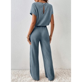 Happy Sailed Jumpsuits for Women Dressy Casual Rompers One Piece Trendy Outfits Short Sleeve Long Pants Comfy Stretchy Jumpsuit Fashion 2024 Blue Small