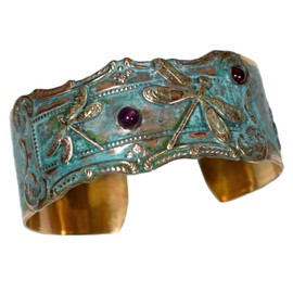 Elaine Coyne Collectible Artwear Verdigris Patina Brass Victorian Dragonflies Cuff - Amethyst and Garnet