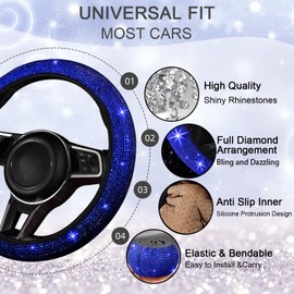 NBTEPEM 8 pcs Bling Car Accessories Set for Women, Bling Rhinestone Diamond Steering Wheel Cover, Sparkly Seat Belt Covers, Bling Gear Shift Cover, Universal Fit Most Cars (Blue Diamond)