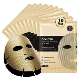 Beenefits 10 Packs Golden Honeycomb Moisturizing Facial Mask, Deep Hyrating Spa Masks with Honeycomb Design for All Skin Types, Gift for Wife' Birthady Party, Girl's Night, Enjoy Skincare Life