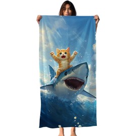 FIicy Funny Cat Shark Beach Towel, Coastal Ocean Cats Pool Towels, Cat Shark Lovers Gifts Large Beach Bath Travel Towels for Kids Girls Boys, Funny Cats Sharks Bathroom Accessories Decor, 30x60in