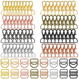 96 Pieces Swivel Clasps with D Rings and Slide Buckles Set Lanyard Snap Hooks Keychain Clip Hooks D Keychain Rings Lobster Claw Clasps for Keychain Purse Hardware Sewing Craft Project, 8 Colors