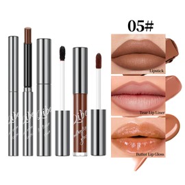 3PCS Lip Makeup Set – Matte Lipstick, Peel-Off Lip Liner & Butter Lip Gloss, Long-Lasting Waterproof Lip Kit for Smooth, Defined & Hydrated Lips (# 05)