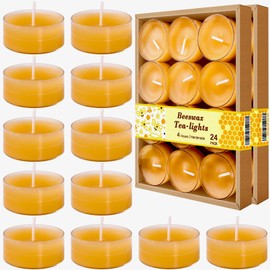 Ycxvacop 24 Pack Beeswax Tealight Candles,Natural Beeswax Candles Long Burning (4 Hours),Pure Beeswax Tea Lights Candles for Home Decoration,Party,Spa,Wedding (Handmade,Yellow,1.5" x 0.8")