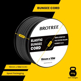 Brotree Bungee Cord Elastic Shock Cord 10mm x 10m Bungee Rope Heavy Duty for Trailer, Tarpaulin, Tent Pole, Kayak and Backpack - Black