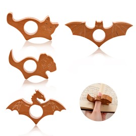 LIKEYO 4 PCS Thumb Book Holder - Wood Thumb Book Page Holder Set, One Handed Animal Themed Bookmark Opener for Reading, Bookworm Gifts for Readers Women Men (Cat Dog Dragon Bat)