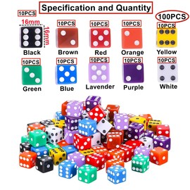 HUAZIZ 6 Sided Dice Set Dice Set 16 mm, Colourful, Right Angle, 100 Pieces for Dice Games, Table Games, Board Games, Math Games